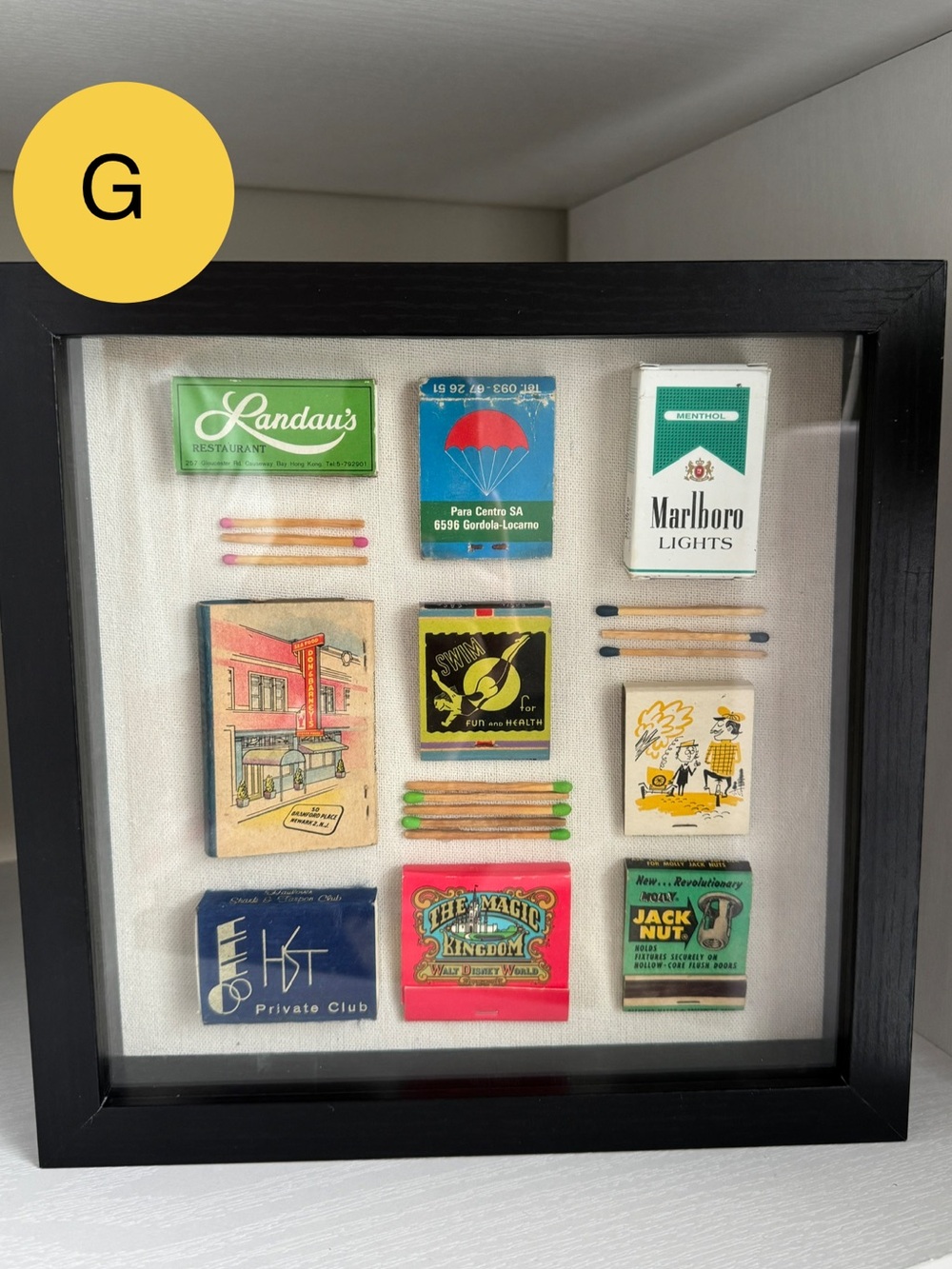 Vintage Matchbook Shadow Box Wall Art - Black Frame 9x9”